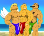 age_difference anthro banana_hammock beach big_bulge bulge genitals group huge_bulge inverted_nipples long_penis male muscular muscular_male nipples older_male penis shell-less trio alythewolfcat mario_bros nintendo paper_mario kolorado kooper parakarry koopa koopa_paratroopa koopa_troopa reptile scalie turtle hi_res