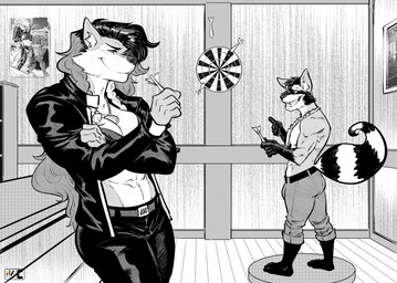 anthro athletic athletic_anthro athletic_female barefoot bottomwear breasts butt clothed clothed_anthro clothed_female clothed_male clothing dart dartboard duo feet female fur gloves_(marking) grin hair hindpaw jacket leg_markings male markings navel pants paws ring_(marking) ringed_tail smile socks_(marking) standing striped_markings striped_tail stripes tail tail_markings topless topless_anthro topless_male topwear nexus leia_convel lino_(nexus) canid canine canis mammal procyonid raccoon wolf greyscale hi_res monochrome