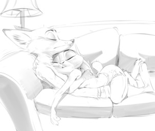 anthro anthro_on_anthro bottomwear breasts claws clothed clothing cuddling duo eyes_closed feet female female_on_top fingers fur furniture hug interspecies long_ears lying male male/female male_on_bottom nipples on_back on_bottom on_model on_top predator/prey scut_tail short_tail shorts sleeping sleeping_together sofa tail toe_claws toes topless trashtikko disney zootopia judy_hopps nick_wilde canid canine european_rabbit fox lagomorph leporid mammal oryctolagus rabbit red_fox true_fox absurd_res digital_drawing_(artwork) digital_media_(artwork) hi_res monochrome