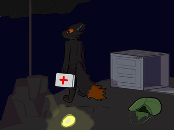 anthro big_tail black_body black_fur cave container dark fur little_night looking_down male medkit nude orange_body orange_eyes orange_fur rock solo standing tail torn_backpack jukolapp casualties:_unknown gunsaw canid canine expie_(gunsawian) fox gunsawian mammal red_fox silver_fox true_fox 4:3 hi_res