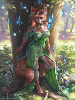 4_toes 5_fingers anthro antlers breasts clothed clothing day detailed_background eyebrows eyelashes feet female fingers forest grass horn looking_at_viewer outside plant solo tail toes tree levelviolet canid canine hybrid mammal 2022 3:4 digital_media_(artwork)