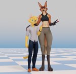 anthro barefoot bottomwear clothed clothing digitigrade duo feet female fingers fully_clothed fur gesture grey_clothing grey_topwear hand_gesture larger_female male pants size_difference smaller_male standing tail topwear v_sign yellow_body yellow_fur yellow_tail layzuhcatz athena_(dayumboai) catz_(layzuhcatz) canid canine domestic_cat felid feline felis mammal maned_wolf 3d_(artwork) digital_media_(artwork) full-length_portrait hi_res portrait