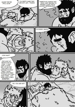bed blush dialogue furniture hairy humanoid_pointy_ears kissing male male/male muscular muscular_male piercing pointy_ears text tusks husky92 european_mythology greek_mythology mythology bovid bovine human humanoid mammal minotaur orc comic english_text hi_res monochrome multiple_scenes