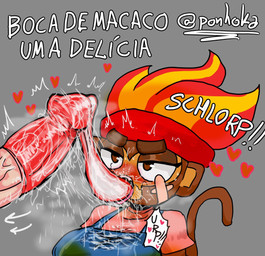 anthro big_glans bodily_fluids brown_body brown_fur clothing condom condom_gagging cum dripping duo female filled_condom fur genital_fluids genitals hair headgear headwear heart_symbol male male/female messy onomatopoeia overalls penis pubes_in_mouth saliva saliva_drip saliva_on_face saliva_on_penis saliva_on_tongue saliva_string sexual_barrier_device sound_effects stray_pubes text wearing_condom hoka bloons_tower_defense ninja_kiwi gwendolin_(bloons) haplorhine mammal monkey primate meme portuguese_text translated