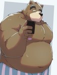 anthro belly big_belly black_nose blush cellphone clothing electronics humanoid_hands kemono male moobs nipples overweight overweight_male phone smartphone solo underwear emufu bear mammal 2023 hi_res