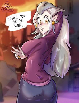 armlet bent_arm big_breasts big_hair biped bottomwear breasts building clothed clothing colored_nails cute_fangs dialogue ear_piercing fangs female fingernails forest gesture grey_hair hair hand_gesture hand_in_hair heart_symbol humanoid_pointy_ears long_hair looking_at_viewer looking_back nails not_furry orange_eyes orange_fingernails orange_nails orange_sky outside piercing pink_clothing pink_shirt pink_topwear plant pointy_ears purple_bottomwear purple_clothing shirt sky smile solo speech_bubble standing straight_hair tan_body teeth text topwear touching_hair tree thedarkzircon disney the_owl_house eda_clawthorne humanoid witch_(the_owl_house) 2022 colored digital_drawing_(artwork) digital_media_(artwork) english_text half-length_portrait hi_res line_art portrait shaded signature