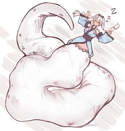 after_vore apode blue_clothing clothing female female_pred grey_hair group hair legless lying on_back serpentine sleeping split_form vore 4kkc draconcopode humanoid lamia reptile scalie snake 2021 hi_res