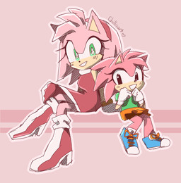 anthro black_eyes boots bottomwear clothing dress duo female footwear fur gloves green_eyes handwear pink_body pink_fur shirt shoes sitting skirt smile square_crossover thin_calves thin_legs thin_thighs topwear young young_anthro spacecolonie classic_sonic_(universe) sega sonic_the_hedgehog_(series) amy_rose classic_amy_rose eulipotyphlan european_hedgehog hedgehog mammal 2015 hatching_(art) shaded