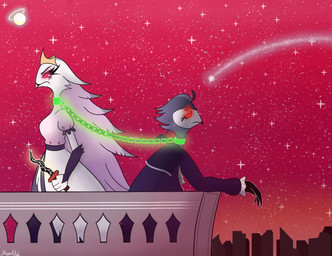 angry anthro balcony bound breasts cape chain chain_leash chained city cityscape clothing crown detailed_background dress duo eyelashes female formal_clothing formal_wear fur grey_body grey_fur grey_hair hair headgear holding_knife holding_object knife leash long_eyelashes long_hair looking_back looking_up male medium_breasts night pink_eyes red_eyes sad shooting_star short_hair sky standing star starry_sky white_body white_face white_fur white_hair kuwutiful hellaverse helluva_boss stella_(helluva_boss) stolas_(helluva_boss) avian bird owl owl_demon hi_res