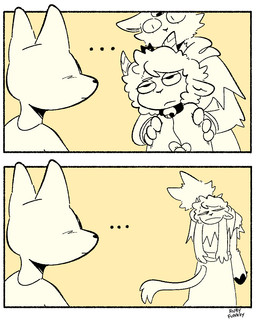 2_horns 3_eyes ambiguous_anthro ambiguous_gender anthro bell bell_collar carrying_another clothed clothed_ambiguous clothing collar ellipsis eye_contact fur group horn looking_at_another multi_eye simple_background trio rubyfunkey cult_of_the_lamb massive_monster_(studio) lamb_(cult_of_the_lamb) narinder bovid caprine domestic_cat felid feline felis mammal sheep 2025 comic digital_drawing_(artwork) digital_media_(artwork) hi_res