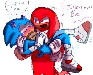 anthro bandage blue_body blush carrying_another clothing duo footwear gloves handwear kerchief male markings neckerchief neckwear nervous pointy_ears purple_eyes red_body red_clothing red_footwear red_shoes shoes simple_background smile tail text white_background white_clothing white_gloves white_handwear white_markings wrapped_arms wrapped_legs wrappings pyc.drawing sega sonic_boom sonic_the_hedgehog_(series) knuckles_the_echidna sonic_the_hedgehog echidna eulipotyphlan hedgehog mammal monotreme english_text