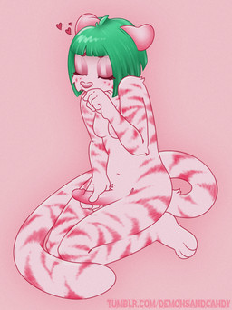 anthro arm_tuft blush bob_cut breasts covering covering_mouth ears_back elbow_tuft eyelashes eyes_closed eyeshadow fur genitals green_hair gynomorph hair heart_symbol holding_penis intersex long_tail makeup markings masturbation navel nipples nude paws penis pepper(demons_and_candy) pink_eyeshadow pink_nose pink_penis pivoted_ears red_stripes shoulder_tuft sitting sitting_on_knees small_breast_humiliation solo striped_body striped_markings striped_tail stripes tail tail_markings tail_tuft tuft white_body white_fur demons_and_candy felid mammal pantherine tiger hi_res