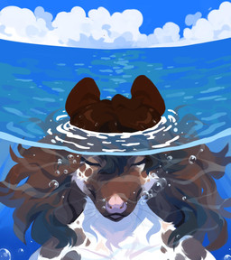 anthro blue_sky brown_body brown_fur brown_hair bubble cloud eyes_closed female front_view fur hair nude outside partially_submerged pink_nose sky solo unsigned water white_body white_fur corzh77 species_request absurd_res bust_portrait hi_res portrait