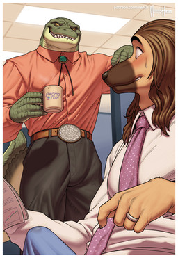 anthro blush bodily_fluids clothed clothing coffee_mug countershading down_the_leg_bulge duo erection erection_under_clothing grin hair long_hair male male/male necktie office scales sharp_teeth smile sweat sweatdrop teeth meesh wayne_(meesh) canid canine crocodilian mammal reptile scalie 2022 alternate_version_at_source hi_res story story_in_description