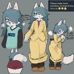 anthro blue_hair blush clothed clothing cosplay dialogue female fur grey_body grey_fur hair looking_at_viewer open_mouth open_smile simple_background smile smiling_at_viewer solo text tongue tongue_out hatsumiilkshake kuroki_tomoko tera_(hatsumiilkshake) canid canine canis mammal wolf 2025 english_text hi_res