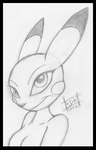 anthro biped black_border border breasts female looking_at_viewer nude pokemorph smile solo reddragonkan nintendo pokemon generation_1_pokemon pikachu pokemon_(species) graphite_(artwork) low_res monochrome traditional_media_(artwork)