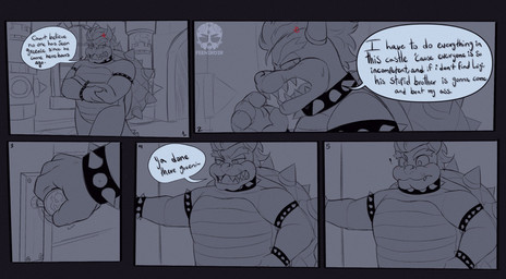2_horns 4_fingers 5_panel_comic annoyed anthro armband arms_bent bent_arm black_armband black_border black_bracelet black_collar border bracelet close-up closed_frown collar cross-popping_vein crossed_arms dialogue door doorway exclamation_point eyebrows featureless_crotch fingers frown grey_body grey_eyebrows grey_eyes grey_hair grey_horn grey_scales grey_sclera grey_shell grey_spikes grey_tail grey_teeth grey_tongue hair half-closed_eyes horn inside jewelry logo looking_back male male_anthro mouth_closed narrowed_eyes nickname number offscreen_character opening_door pillar scales shell short_hair solo speech_bubble spiked_armband spiked_bracelet spiked_collar spiked_shell spiked_tail spikes spikes_(anatomy) tail talking_to_another talking_to_self teeth text thick_eyebrows thick_thighs tongue walking wide_eyed window feeniroir mario_bros nintendo bowser koopa scalie 2023 artist_logo artist_name comic digital_drawing_(artwork) digital_media_(artwork) english_description english_text hi_res partially_colored