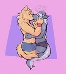 anthro black_clothing black_underwear blue_clothing blue_underwear blush boxers_(clothing) bulge clothing duo eyes_closed fur hand_on_face heart_symbol hug kissing male male/male romantic romantic_couple underwear yellow_body yellow_eyes yellow_fur tohfu i_think_i_like_you echo_(sona) ray_(i_think_i_like_you) bird_dog canid canine canis domestic_dog golden_retriever hunting_dog mammal retriever wolf hi_res