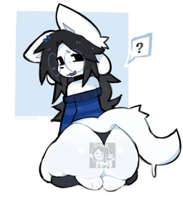 accessory anthro big_butt black_clothing black_hair black_legwear black_thong black_underwear blue_clothing blue_sweater blue_topwear butt clothed clothing cute_fangs eyewear fangs female glasses hair hair_accessory hairclip legwear long_hair looking_at_viewer looking_back looking_back_at_viewer off_shoulder open_mouth pattern_clothing pattern_sweater pattern_topwear question_mark rear_view round_glasses simple_background sitting solo striped_clothing striped_sweater striped_topwear stripes sweater tail teeth thick_thighs thong topwear underwear wearing_glasses white_body vixenisdum undertale undertale_(series) temmie_(undertale) tem 2026 colored digital_drawing_(artwork) digital_media_(artwork) shaded