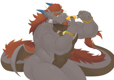 abs anthro armlet brown_body brown_eyes brown_scales butt_wings cheek_horns chest_gem facial_hair food gem goatee grey_body grey_scales hair holding_food holding_object holding_popsicle horn long_hair looking_at_viewer male nude orange_hair pecs popsicle scales sitting solo suggestive suggestive_eating suggestive_food tail_hair unusual_wing_placement wings yellow_sclera shrimpzysaucy anothereidos_of_dragon_vein_r european_mythology mythology barboros_(anothereidos_r) dragon mythological_creature mythological_scalie scalie western_dragon hi_res