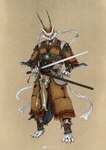 anthro armor asian_clothing barefoot chinese_clothing clothed clothing east_asian_clothing feet fully_clothed fur hat headgear headwear jian looking_at_viewer male melee_weapon solo sword warrior weapon white_body white_fur muyang_fort domestic_cat felid feline felis mammal absurd_res hi_res