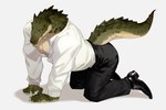 all_fours anthro barazoku claws clothed clothing dress_pants dress_shirt dress_shoes fully_clothed green_body green_scales male muscular muscular_anthro muscular_male open_clothing open_shirt open_topwear pecs scales shirt solo topwear belov_w crocodilian reptile scalie absurd_res hi_res