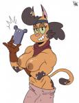 anthro ascot breasts clothed clothing electronics female green_sclera mottled muscular muscular_anthro muscular_female nipples phone piebald selfie smile solo topless ashesg mighty_magiswords calika calico_cat domestic_cat felid feline felis mammal