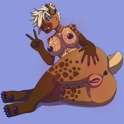 anthro anus areola big_breasts biped black_markings black_nose blonde_hair blue_background bodily_fluids breast_tattoo breasts brown_body butt cheek_tuft claws ear_piercing ear_ring eyebrows facial_piercing facial_tuft female flesh_tunnel gauged_ear genital_fluids genitals gesture gloves_(marking) hair hand_gesture leg_markings looking_at_viewer lying markings neck_tattoo nipple_piercing nipples nose_piercing nose_ring nude on_side open_mouth pawpads piercing ring_piercing short_hair simple_background socks_(marking) solo tattoo teeth toe_claws tongue tongue_out tuft v_sign vaginal_fluids vulva bluepanda1 hyena mammal spotted_hyena 1:1 2025 hi_res