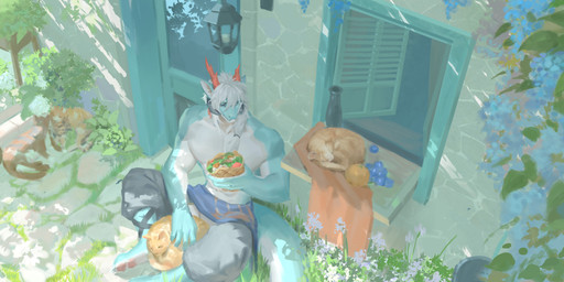 ambiguous_feral ambiguous_gender anthro antlers blue_body blue_eyes bottomwear building clothed clothing feral food fur grass grey_bottomwear grey_clothing grey_pants group hair holding_food holding_object horn male male_anthro messy_hair mouth_closed muscular muscular_anthro muscular_male orange_body orange_fur outside pants plant red_antlers sitting topless white_body white_hair awaldkize mythology domestic_cat dragon felid feline felis mammal mythological_creature mythological_scalie scalie absurd_res hi_res
