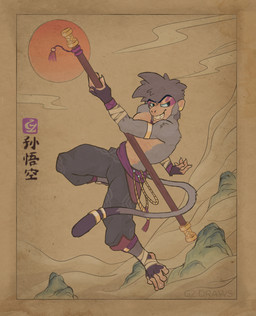 accessory anthro bandage bandaged_foot fangs fighting_pose fur furgonomics green_eyes grey_body grey_fur male piercing pose simple_background skinny smile solo tail tail_accessory teeth weapon jayzac jason_(gzdraws) wukong haplorhine humanoid mammal monkey primate absurd_res hi_res