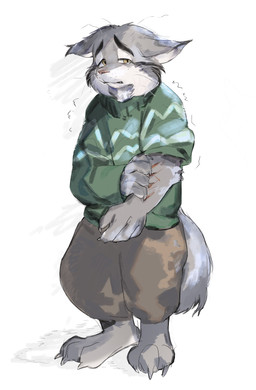 anthro bottomwear claw_marks clothing fur grey_body grey_fur male pants sad shaking shivering simple_background solo sweater topwear wounded yellow_eyes unknown_artist disney zootopia pawbert_lynxley felid feline lynx mammal absurd_res hi_res