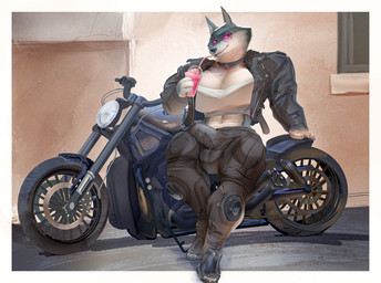 anthro balls_outline big_breasts big_bulge big_penis biker boots bottomwear breasts bulge clothing container crossgender cup detailed_bulge drinking drinking_straw eyewear facial_piercing footwear ftg_crossgender fti_crossgender genital_outline genitals gynomorph holding_container holding_cup holding_object intersex jacket knee_pads leather leather_clothing leather_jacket leather_topwear looking_at_viewer male midriff motorcycle muscular muscular_anthro muscular_gynomorph muscular_intersex navel navel_piercing nose_piercing nose_ring pants penis penis_outline piercing ring_piercing shoes solo sunglasses topwear vehicle wearing_sunglasses spectrumshift illumination_entertainment sing_(movie) porsha_crystal canid canine canis mammal wolf