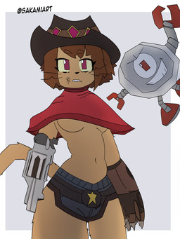 breasts female gun gun_arm handgun ranged_weapon revolver solo under_boob weapon weapon_arm sakamiart gameoverse glitch_productions kaboodle_(gameoverse) kit_bodega felid feline humanoid mammal 3:4 absurd_res hi_res