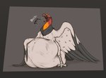 ambiguous_gender beak belly big_belly bipedal_feral bodily_fluids burping_up_object digestion eyewear feral feral_pred glasses saliva saliva_string simple_background vore wings thatgryphonguy accipitriform avian bird king_vulture new_world_vulture vulture hi_res