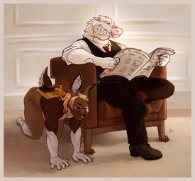 alcohol all_fours anthro armchair bdsm beverage black_markings blonde_hair blush border brown_body brown_fur chair cigar claws clothed clothed/nude clothing crossed_legs detailed_background facial_scar forniphilia fur furniture glass hair interior_background leather living_room male male/male markings motion_lines muzzle_(object) muzzled necktie nude objectification pink_scar plantigrade reading reading_newspaper scales scar shaking sitting smile snaggle_teeth submissive submissive_male suit white_body white_border white_claws white_fur white_markings white_scales interkos silas_(kindreddemon) alligator alligatorid crocodilian lagomorph leporid mammal rabbit reptile scalie colored_sketch full-length_portrait hi_res portrait sketch
