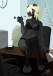 anthro biped black_body black_clothing black_footwear black_fur black_legwear black_socks blonde_hair bra breasts chest_tuft clothed clothing crossed_legs desk feet female footwear fur furniture hair inside legwear looking_at_viewer office panties paws pipe sitting smoking_pipe socks solo stockings table toeless_footwear toeless_socks toes tongue tongue_out tuft underwear lunarez canid canine canis domestic_dog mammal 2013 alternate_version_at_source digital_media_(artwork)