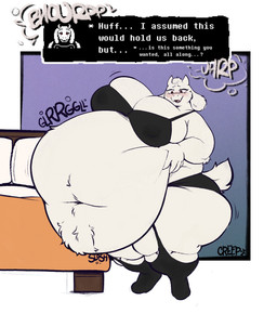 anthro bed belly belly_tuft big_belly big_breasts blush bra breasts burping cleavage cleavage_overflow clothed clothing eyelashes female floppy_ears fur furniture gurgle_(sound_effect) hand_on_belly horn huge_belly huge_breasts hyper looking_at_viewer mature_anthro mature_female motion_lines navel nipple_outline obese obese_anthro obese_female overweight overweight_anthro overweight_female panties red_eyes rumbling_stomach scut_tail short_tail slosh sloshing_belly smile solo standing tail talking_to_viewer text tuft underwear white_body white_fur creepsterrr undertale_(series) toriel boss_monster_(undertale) bovid caprine goat mammal 2025 english_text hi_res