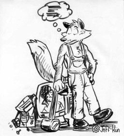 4_fingers anthro biped boots clothed clothing computer dipstick_tail electronics fingers footwear hammer leaning looking_aside male markings monitor multicolored_tail overalls raised_tail shoes simple_background solo standing tail tail_markings thought_bubble tools vandalism white_background leafdubois closet_coon colin_young canid canine fox mammal greyscale monochrome