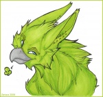 ambiguous_gender beak blue_eyes clover_(plant) ear_piercing feral fur green_body green_fur looking_at_viewer piercing plant simple_background solo white_background zeriara mythology likeshine_(character) avian gryphon mythological_avian mythological_creature 2006 green_theme female_(lore)