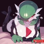 apron big_breasts blush bodily_fluids breasts breath clothing female footwear huge_breasts knee_highs knee_socks legwear looking_at_viewer markings mole_(marking) mole_on_breast not_furry one_eye_obstructed panting red_eyes socks solo sweat the_pose white_body drunk_oak nintendo pokemon gardevoir generation_3_pokemon humanoid pokemon_(species) 1:1 hi_res