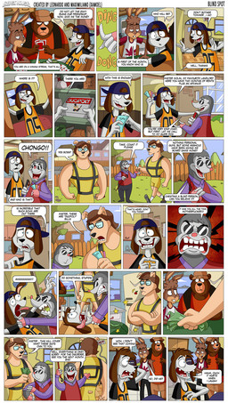 anthro athletic athletic_male backwards_hat blind blue_eyes brown_body brown_fur brown_hair bruised bruised_eye card clothing detailed_background dialogue disability drugs eyewear fur glasses grey_body grey_fur group hair hat headgear headwear humor landlord male marijuana marijuana_leaf money muscular off_screen overweight overweight_male picket_fence playing_card profanity scam star strangling sunglasses tan_body tan_fur text wearing_glasses white_body white_fur xamoel beast_house chad_(xamoel) tommer_(xamoel) wimpy_(xamoel) bear canid canine canis domestic_dog eulipotyphlan lagomorph leporid mammal mole_(animal) rabbit comic english_text hi_res