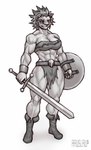 5_fingers abs anthro athletic athletic_anthro athletic_female big_breasts boots bottomwear breasts cleavage clothed clothing crossgender female fingers footwear fur humanoid_hands loincloth mane melee_weapon mtf_crossgender muscular muscular_anthro muscular_female navel pecs pecs_with_breasts shield shoes solo standing sword weapon rawslaw5 red_earth leo_(red_earth) felid lion mammal pantherine 2023 absurd_res hi_res