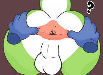 4_fingers anthro anus backsack balls brown_background butt disembodied_hand duo fingers genitals green_body male male/male multicolored_body question_mark simple_background spread_anus spread_butt spreading tail white_balls white_body dinim mario_bros nintendo yoshi_(character) green_yoshi yoshi 2025 hi_res
