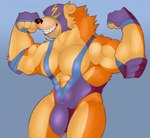 4_fingers abs anthro biceps big_bulge big_muscles blue_eyes bulge clothed clothing countershading fingerless_gloves fingers flexing fur gloves handwear male mask muscular muscular_anthro muscular_male orange_body orange_fur pecs pose sharp_teeth shoulder_pads simple_background smile solo sports_mask sportswear standing teeth whisker_spots wrestling_mask wrestling_singlet fleshformomo league_of_legends riot_games tencent volibear bear mammal 2021 digital_media_(artwork)