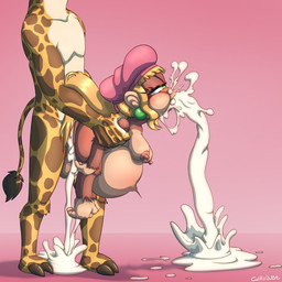 5_fingers abdominal_bulge anal anthro blonde_hair bodily_fluids brown_hooves cum cum_fountain cum_in_ass cum_in_mouth cum_inflation cum_inside cum_through duo ejaculation faceless_character faceless_male female fingers fur genital_fluids hair hooves inflation male male/female markings nipples pink_nipples shortstack simple_background size_difference spots spotted_body spotted_fur tail claydust donkey_kong_(series) nintendo dixie_kong giraffe giraffid haplorhine mammal monkey primate 2025 hi_res