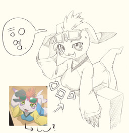 anthro breasts claws clothed clothing dialogue eyewear eyewear_on_head female glasses glasses_on_head leaning leaning_forward on_wall open_mouth open_smile screencap screencap_redraw sharp_teeth shirt smile solo teeth text topwear rokroc205 bandai_namco digimon aquatic digimon_(species) gomamon digital_drawing_(artwork) digital_media_(artwork) hi_res korean_text