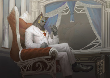 anthro armchair black_claws black_clothing black_footwear black_nose black_shoes bottomwear chair cigarette claws clothed clothing crossed_legs finger_claws footwear fur furniture grey_body grey_ears grey_fur holding_cigarette holding_object inside looking_at_viewer male mouth_closed pants sitting solo suit topwear unsigned white_bottomwear white_clothing white_pants white_suit white_topwear yellow_body yellow_eyes yellow_fur awaldkize canid mammal absurd_res hi_res portrait three-quarter_portrait