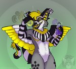 absurd_res anthro avian digital_media_(artwork) gryphon hi_res insane male marvelous_managerie mythological_avian mythological_creature mythology open_mouth portrait potion_bottle simple_background solo tail three-quarter_portrait wings