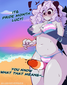 ambiguous_gender anthro areola beach big_breasts bikini bikini_bottom bikini_bulge bikini_top blush breast_grab breasts bulge butt clothing dialogue duo female female/female genitals glistening glistening_breasts glistening_nipples grope groping_from_behind gynomorph hair hand_on_breast hand_under_bra intersex lesbian_pride_colors lgbt_pride nipples orange_lesbian_pride_colors outside penis pride_colors rainbow_flag rainbow_pride_flag rainbow_symbol sand seaside sex_toy sky strapon string_bikini sunset swimwear teasing text thick_thighs transgender_pride_colors two-piece_swimsuit water slushieverses lgbt_pride_month bear humanoid mammal polar_bear ursine absurd_res digital_media_(artwork) english_text hi_res trans_(lore) trans_woman_(lore)