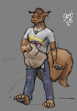 abdominal_bulge anthro anthro_pred belly belt big_belly blue_bottomwear blue_clothing blue_pants bottomwear brown_body brown_fur brown_hair clothed clothed_pred clothing eyes_closed feet fur grey_background hair hand_on_belly huge_belly male male_pred open_bottomwear open_clothing open_pants pants print_clothing print_shirt print_t-shirt print_topwear satisfied shirt simple_background smile solo squirrel_tail standing t-shirt text topwear v-neck vore walking white_clothing white_shirt white_text white_topwear willing_pred jeri_kleinlowe in-n-out mammal rodent sciurid tree_squirrel 2025 colored dated guide_lines hi_res signature